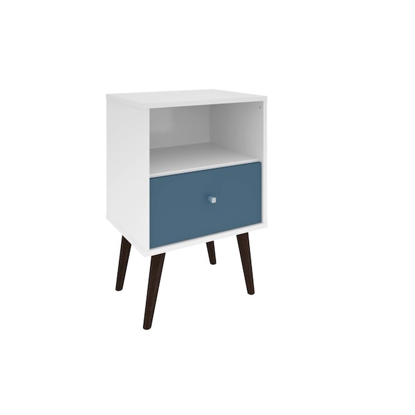 Designed To Furnish Liberty Mid Century-Modern Nightstand 1 w/Solid Wood Leg 1 Cubby Space & 1 Drawer, Wht & Aqua Blue DE2543545 - main